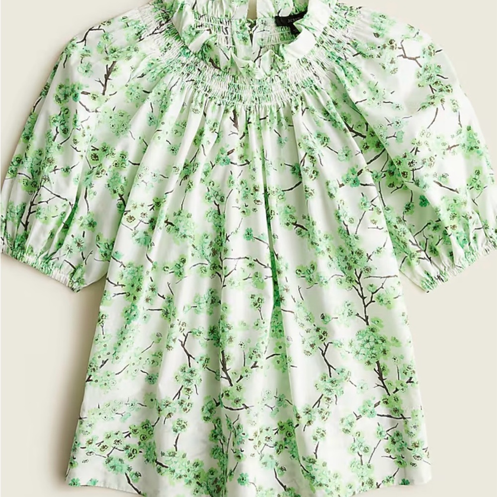 J. Crew Smocked neck puff-sleeve top in lime cherry blossoms